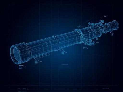 A digital blueprint of a complex Ritchey-Chrétien telescope assembly.