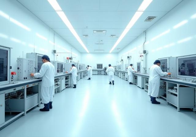 The interior of a brightly lit cleanroom with technicians in full bunny suits working on an optical assembly.